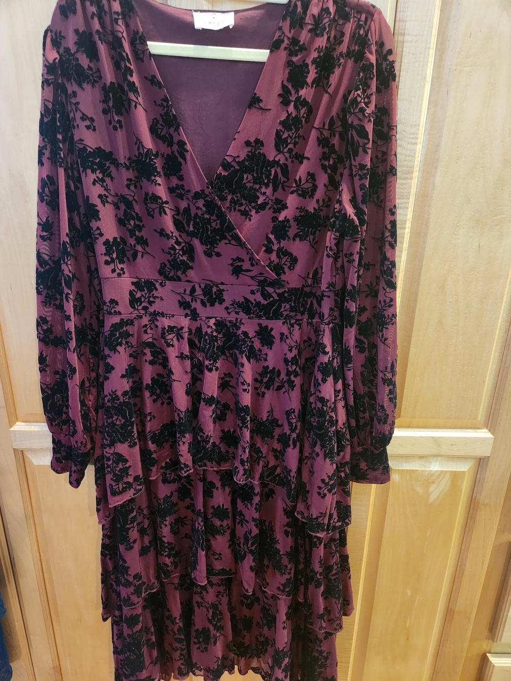 Women's Burgundy Floral Burnout Wrap Tiered Long Sleeve Dress